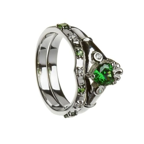 Silver Stone Set Claddagh Ring and Matching Band - Boru Jewelry