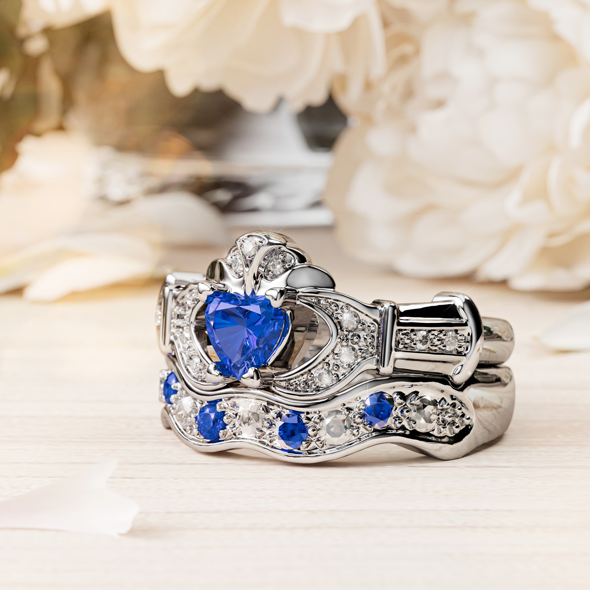 Blue Sapphire Heart Claddagh Ring 14K White Gold Ring With Blue Sapphire &  Diamonds - Etsy Canada
